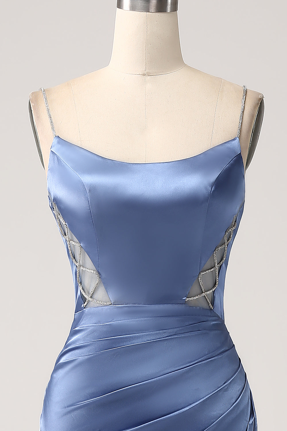 Mermaid Grigio Blu Raso Spaghetti Straps Abito Lungo Prom