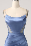 Mermaid Grigio Blu Raso Spaghetti Straps Abito Lungo Prom
