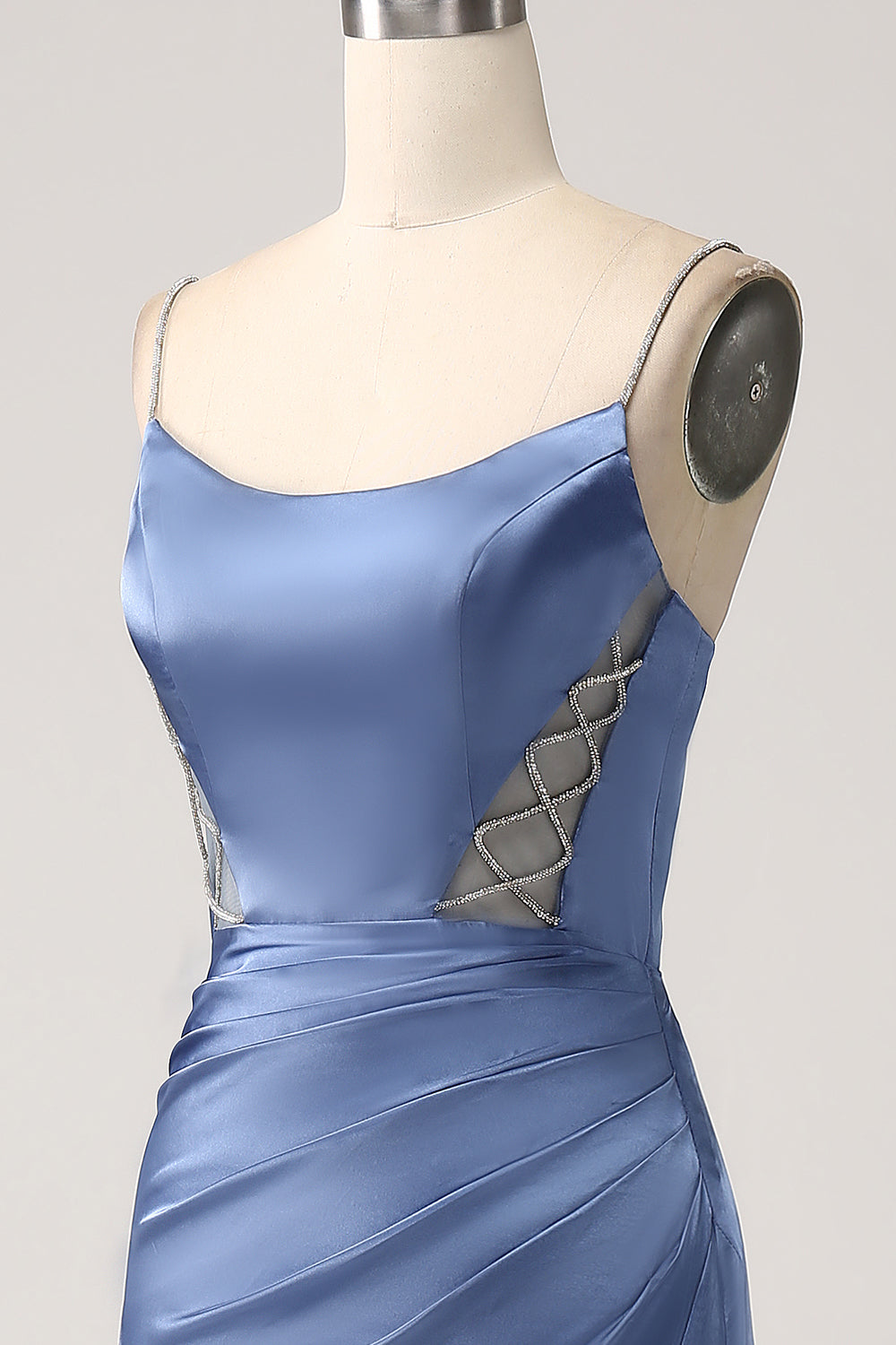 Mermaid Grigio Blu Raso Spaghetti Straps Abito Lungo Prom