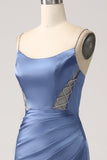 Mermaid Grigio Blu Raso Spaghetti Straps Abito Lungo Prom