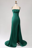 Verde scuro Sirena Spaghetti Straps Satin Prom Dress con pieghe