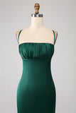Verde scuro Sirena Spaghetti Straps Satin Prom Dress con pieghe