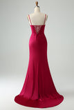 Borgogna Sirena Spaghetti Straps Lungo Corsetto Abito Da Cerimonia con Fessura