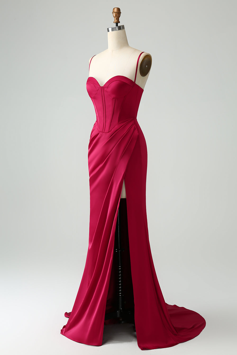 Borgogna Sirena Spaghetti Straps Lungo Corsetto Abito Da Cerimonia con Fessura