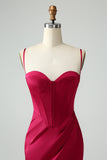 Borgogna Sirena Spaghetti Straps Lungo Corsetto Abito Da Cerimonia con Fessura