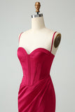 Borgogna Sirena Spaghetti Straps Lungo Corsetto Abito Da Cerimonia con Fessura