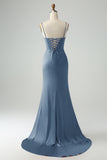 Borgogna Sirena Spaghetti Straps Lungo Corsetto Abito Da Cerimonia con Fessura