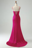 Borgogna Sirena Spaghetti Straps Lungo Corsetto Abito Da Cerimonia con Fessura