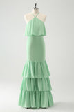 Verde Tiered Chiffon Mermaid Halter Tiered Abito da sposa ospite