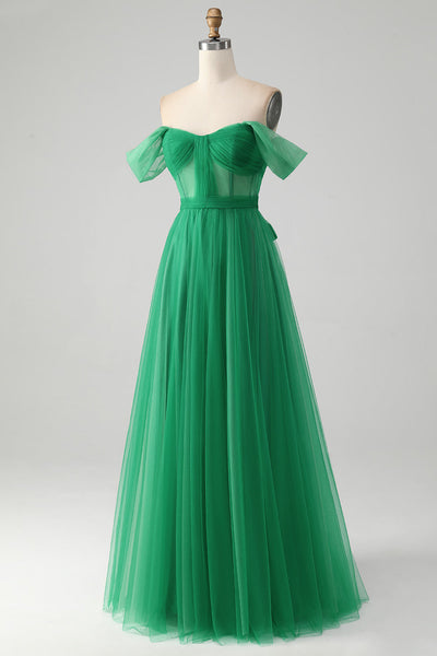 Zapaka Donne Elegante Verde Scuro Corsetto Tulle Abito Lungo Da Cerimonia Fuori Dalla Spalla