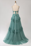 Abito lungo da ballo in tulle verde A Line con spalline sottili e volant