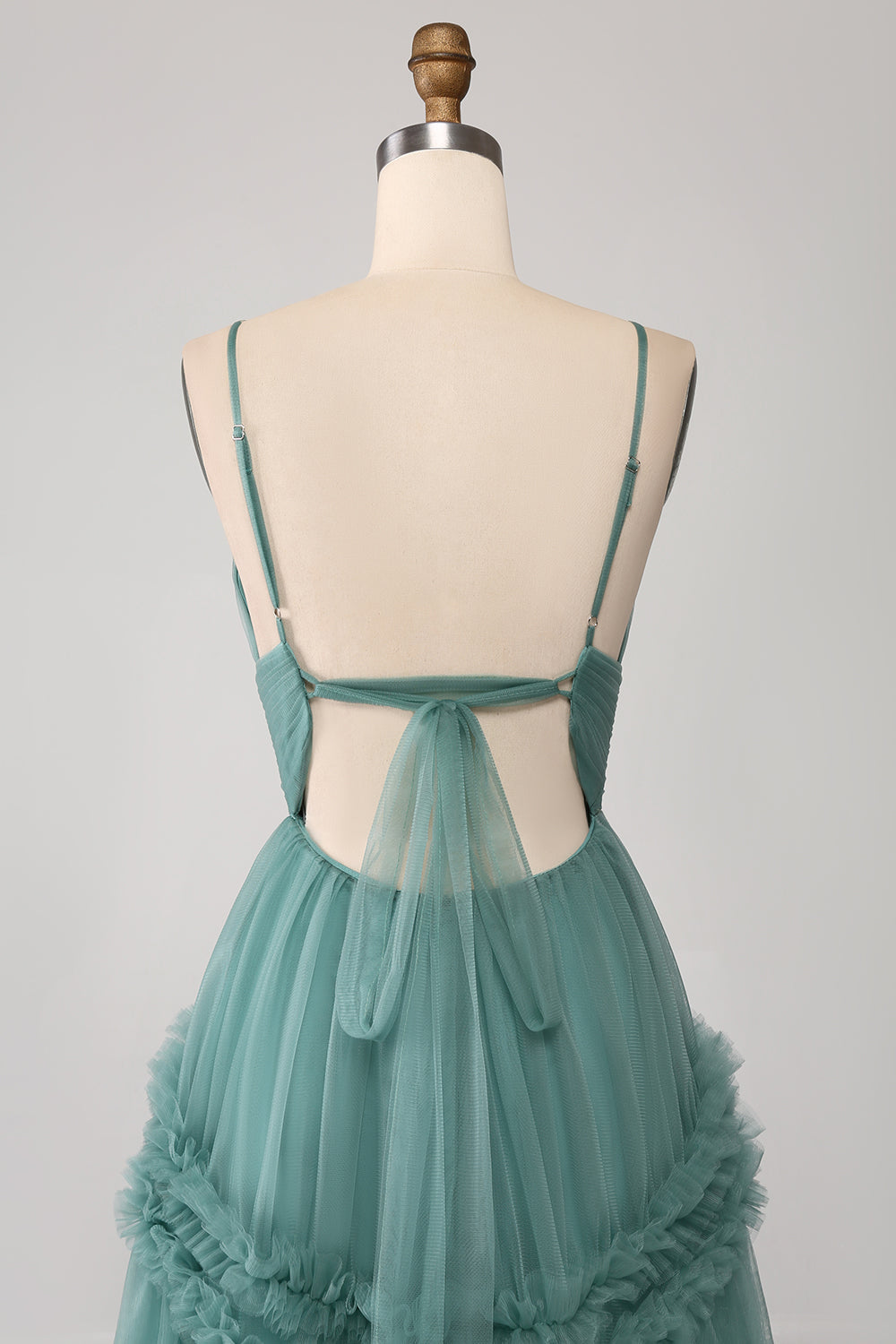 Abito lungo da ballo in tulle verde A Line con spalline sottili e volant