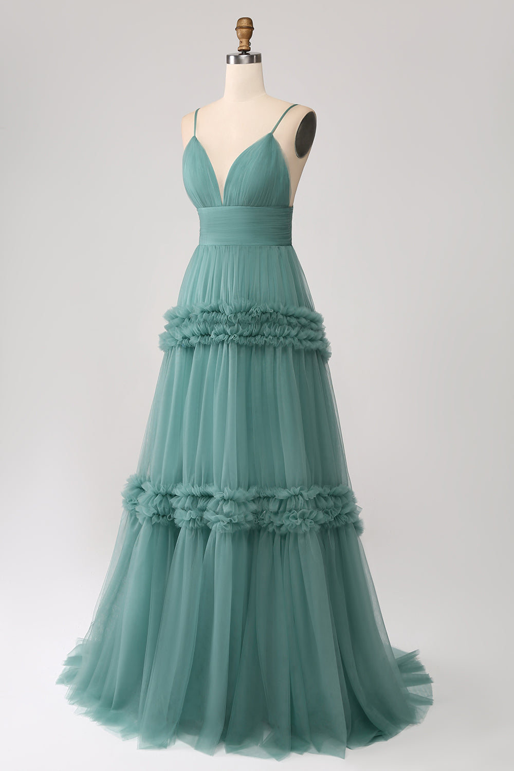 Abito lungo da ballo in tulle verde A Line con spalline sottili e volant