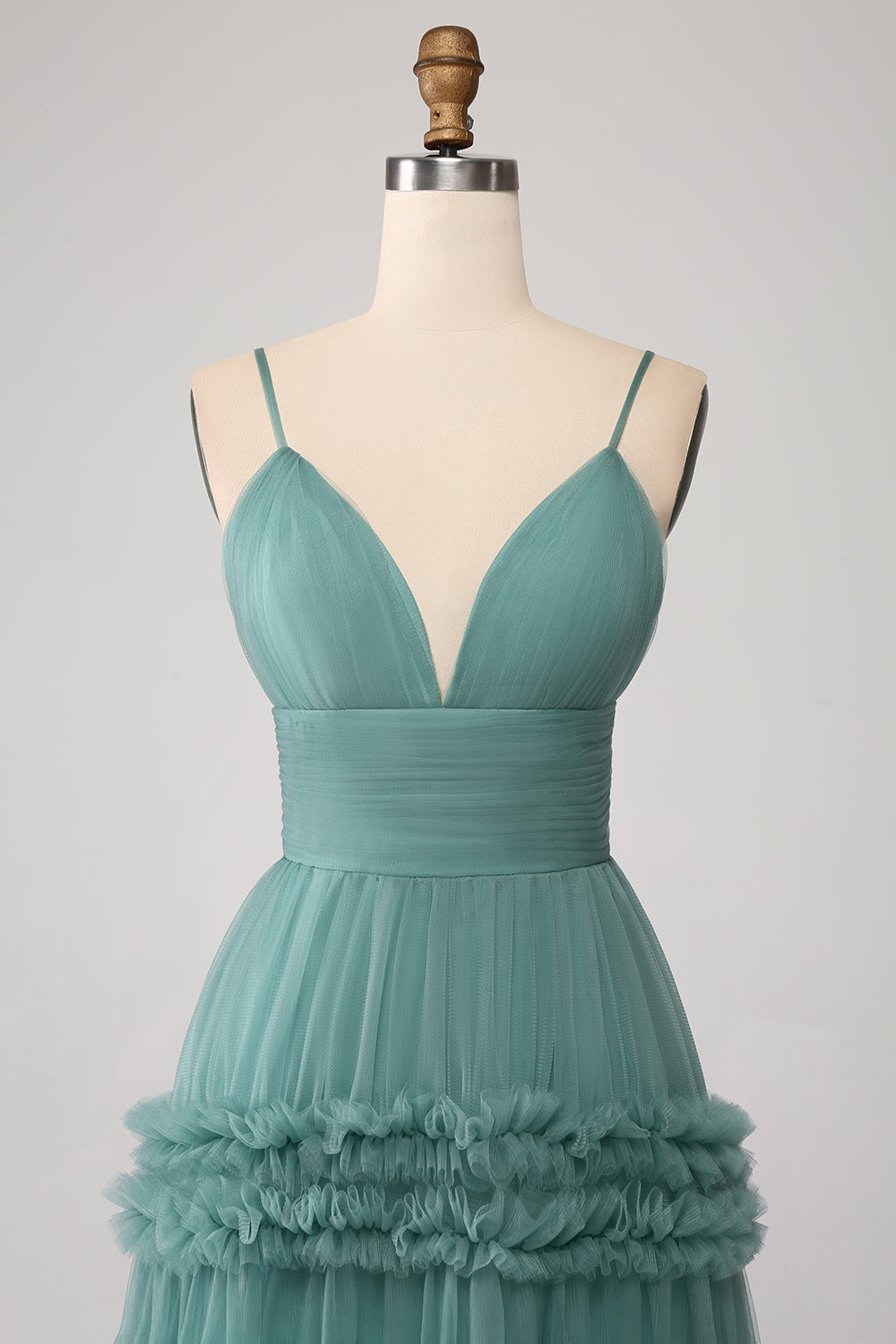 Abito lungo da ballo in tulle verde A Line con spalline sottili e volant