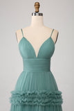 Abito lungo da ballo in tulle verde A Line con spalline sottili e volant