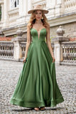 Abito lungo da damigella d'onore in raso verde A Line Spaghetti Straps