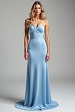 Sky Blue Mermaid increspato V-Neck Abito lungo da ballo