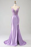 Lilla Sirena Scollo a V Aperto Indietro in rilievo Appliques Prom Dresses con fessura