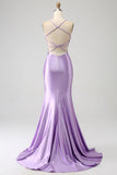 Lilla Sirena Scollo a V Aperto Indietro in rilievo Appliques Prom Dresses con fessura