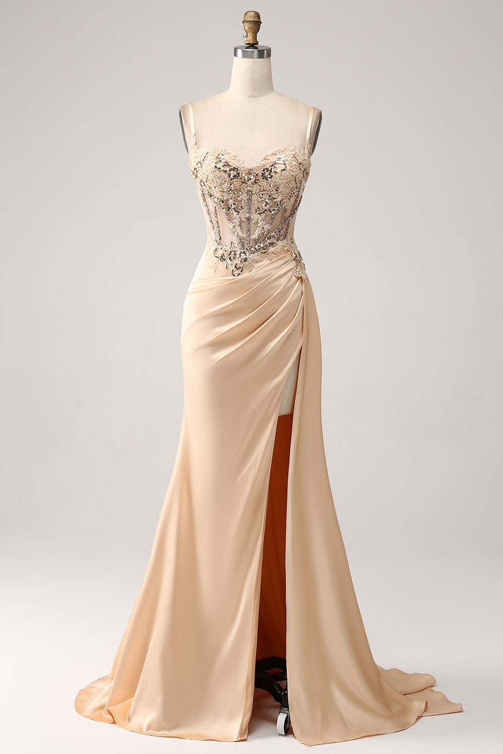 Elegante Champagne Mermaid plissettato abito da ballo in raso con applicazioni