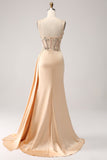 Elegante Champagne Mermaid plissettato abito da ballo in raso con applicazioni