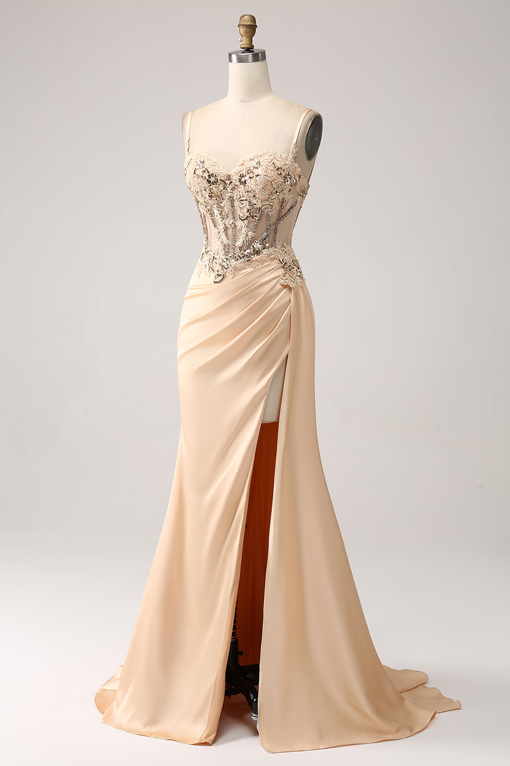 Elegante Champagne Mermaid plissettato abito da ballo in raso con applicazioni
