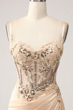 Elegante Champagne Mermaid plissettato abito da ballo in raso con applicazioni