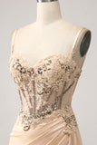 Elegante Champagne Mermaid plissettato abito da ballo in raso con applicazioni