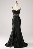 Sirena Sweetheart Nero Satin Abito Lungo Prom Con Perline