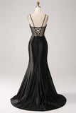Sirena Sweetheart Nero Satin Abito Lungo Prom Con Perline