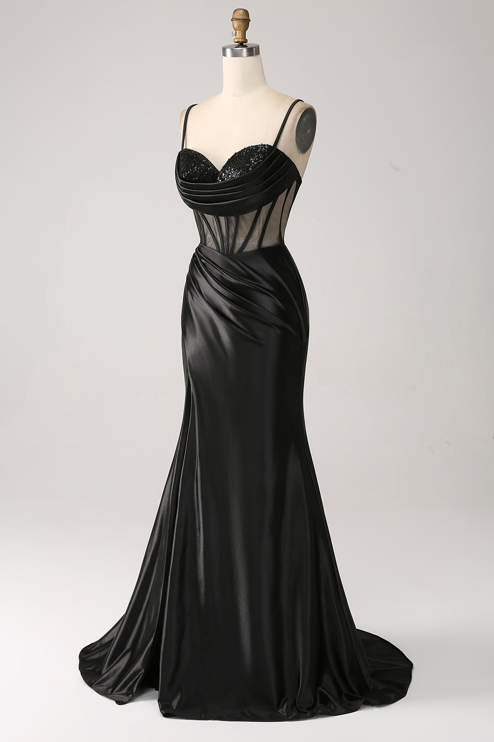 Sirena Sweetheart Nero Satin Abito Lungo Prom Con Perline