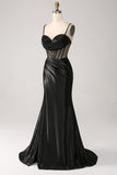 Sirena Sweetheart Nero Satin Abito Lungo Prom Con Perline