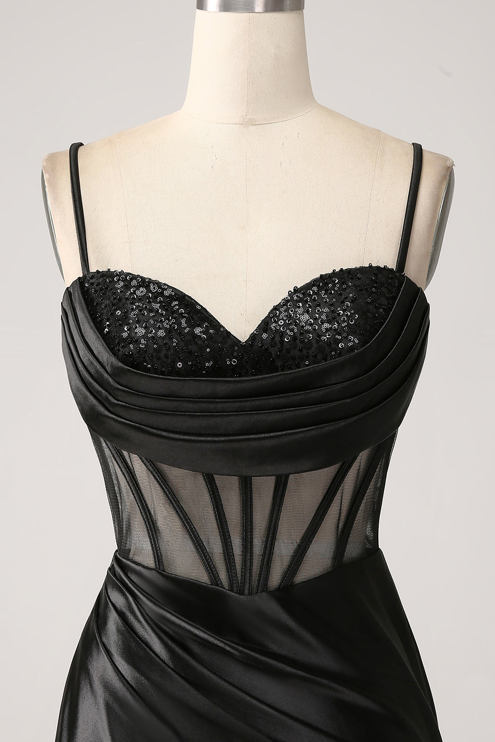 Sirena Sweetheart Nero Satin Abito Lungo Prom Con Perline
