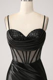 Sirena Sweetheart Nero Satin Abito Lungo Prom Con Perline