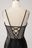 Sirena Sweetheart Nero Satin Abito Lungo Prom Con Perline