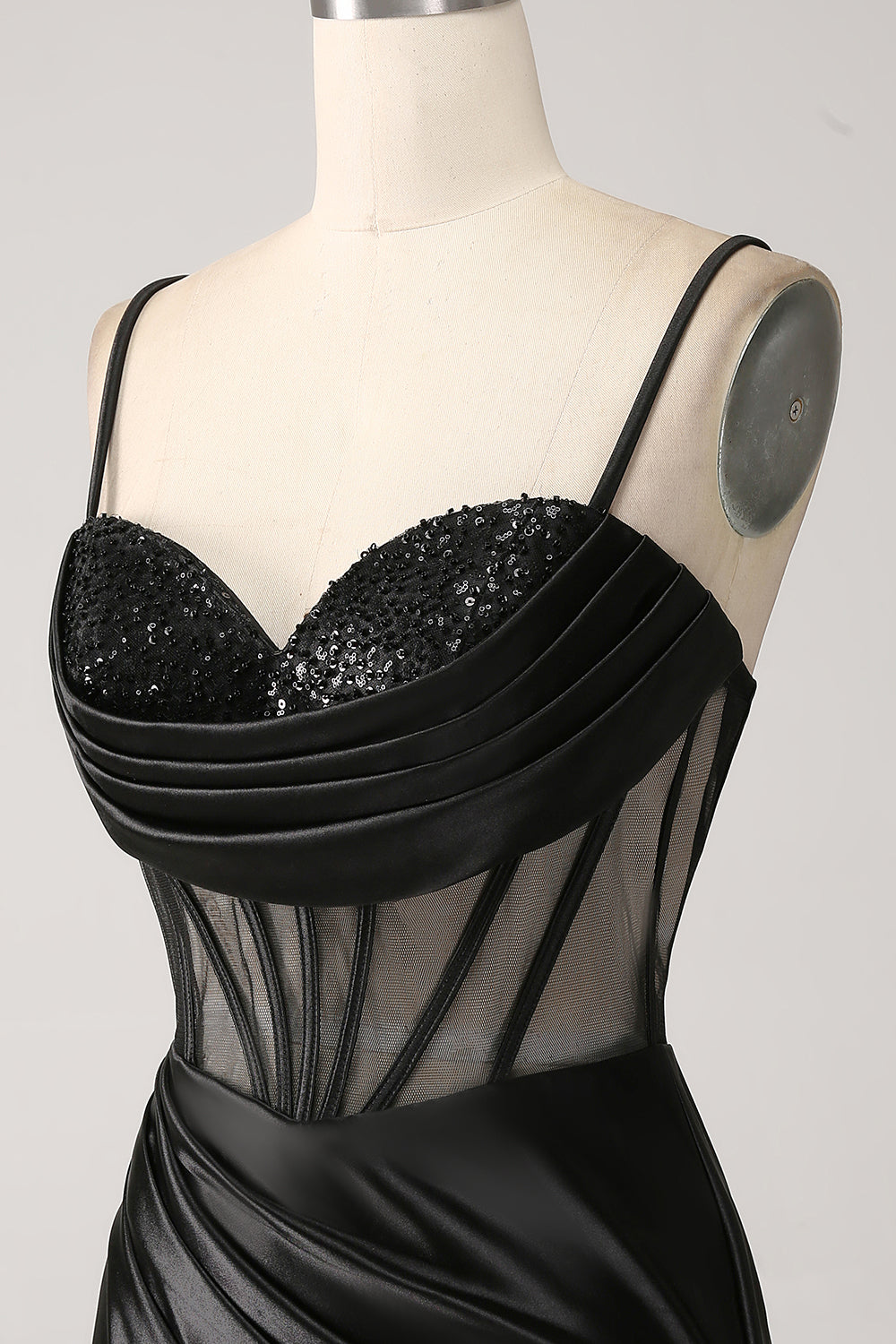 Sirena Sweetheart Nero Satin Abito Lungo Prom Con Perline
