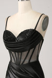 Sirena Sweetheart Nero Satin Abito Lungo Prom Con Perline