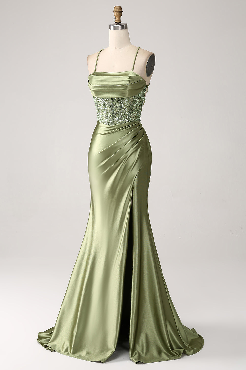 Army Green Mermaid Cowl Neckline Paillettes Abito da ballo lungo con fessura