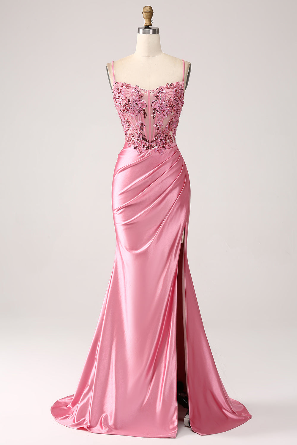 Rosa Sirena Spalline Sottili Corsetto Con Paillettes Abito Da Cerimonia Con Fessura