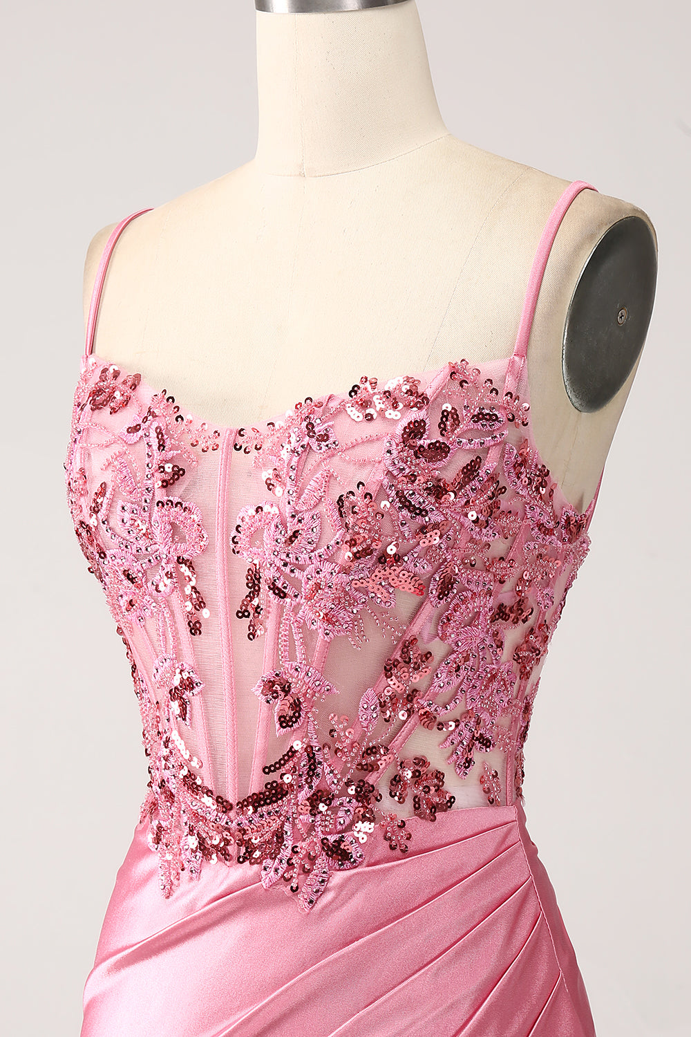 Rosa Sirena Spalline Sottili Corsetto Con Paillettes Abito Da Cerimonia Con Fessura