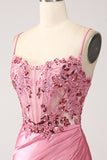 Rosa Sirena Spalline Sottili Corsetto Con Paillettes Abito Da Cerimonia Con Fessura