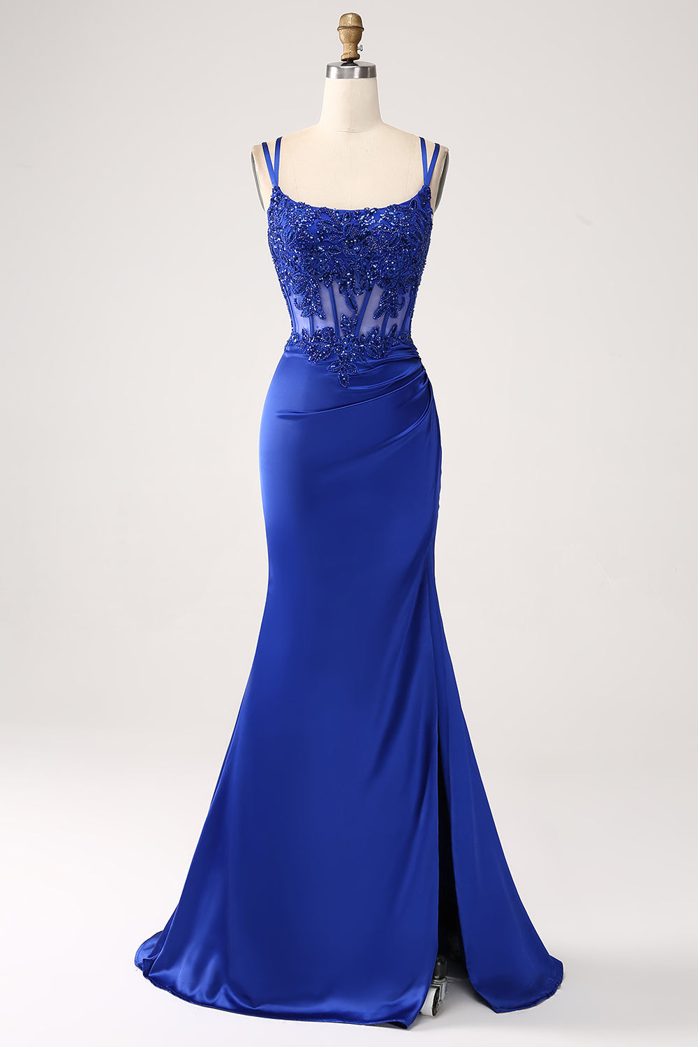 Sirena Blu Reale Corsetto Paillettes Perline Abito Da Cerimonia Lungo Con Fessura