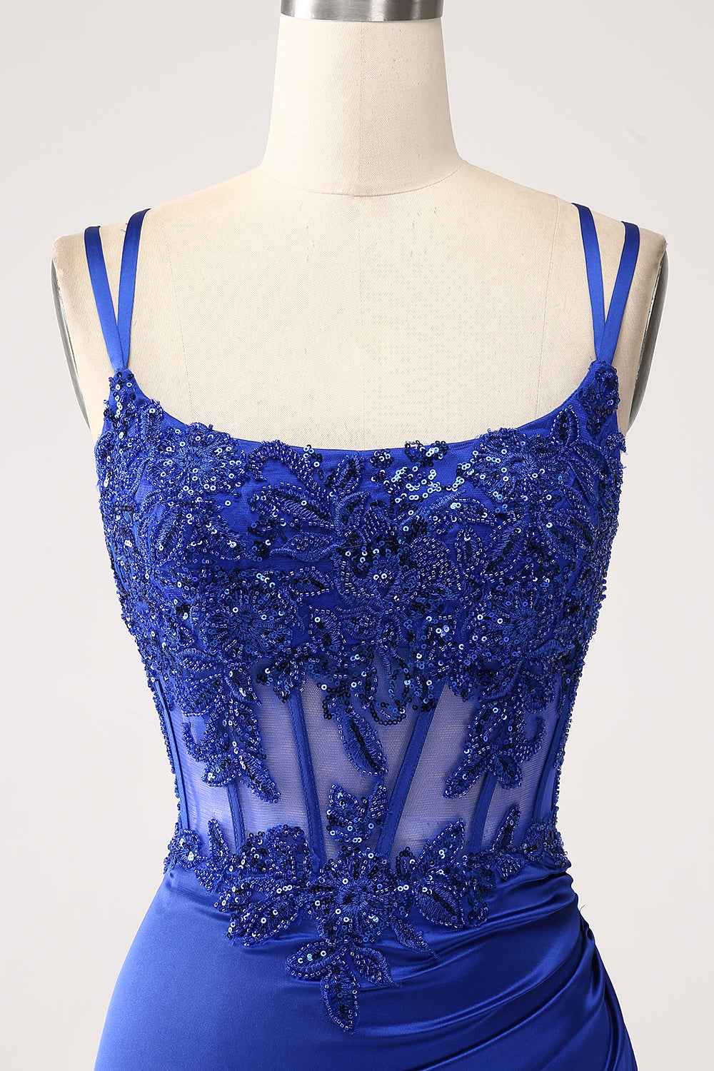 Sirena Blu Reale Corsetto Paillettes Perline Abito Da Cerimonia Lungo Con Fessura