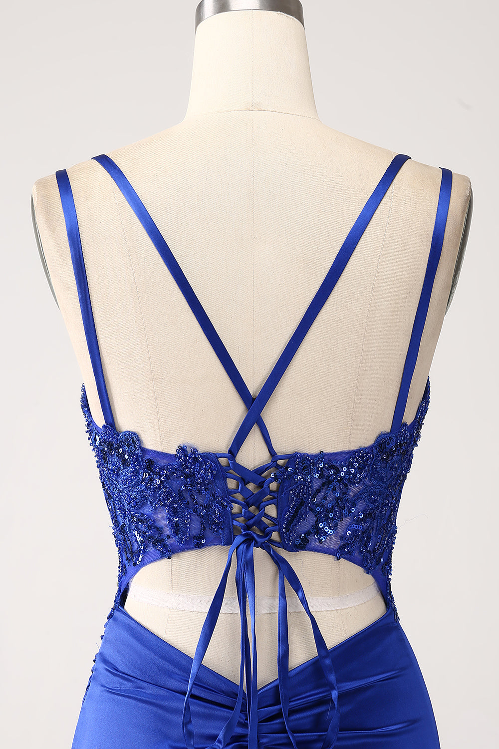 Sirena Blu Reale Corsetto Paillettes Perline Abito Da Cerimonia Lungo Con Fessura