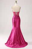 Fucsia Sirena Tesoro Plissettato Corsetto Lungo Abito Da Ballo In Raso Con Fessura