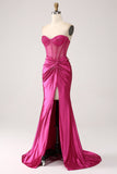 Fucsia Sirena Tesoro Plissettato Corsetto Lungo Abito Da Ballo In Raso Con Fessura