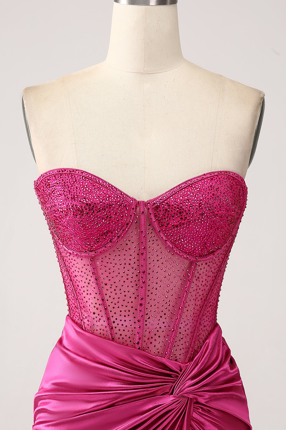 Fucsia Sirena Tesoro Plissettato Corsetto Lungo Abito Da Ballo In Raso Con Fessura
