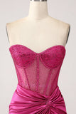 Fucsia Sirena Tesoro Plissettato Corsetto Lungo Abito Da Ballo In Raso Con Fessura