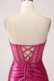 Fucsia Sirena Tesoro Plissettato Corsetto Lungo Abito Da Ballo In Raso Con Fessura