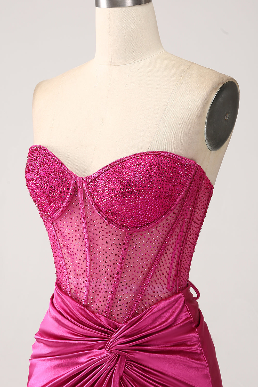 Fucsia Sirena Tesoro Plissettato Corsetto Lungo Abito Da Ballo In Raso Con Fessura